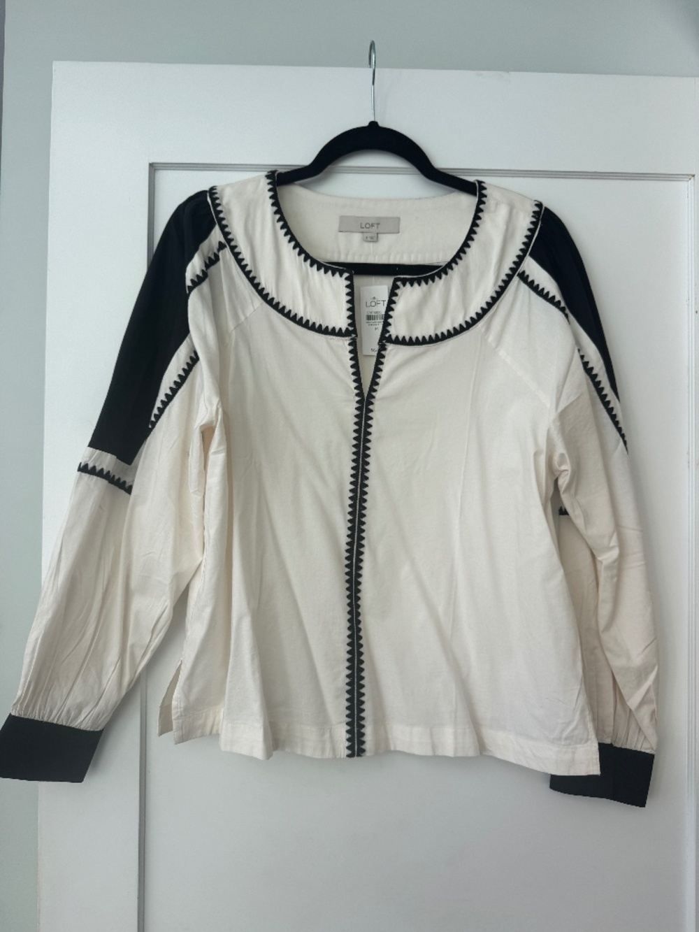 LOFT, color block, embroidered split neck blouse, size M